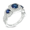 Thumbnail Image 1 of Lab-Created Blue and White Sapphire Frame Three Stone Ring in Sterling Silver