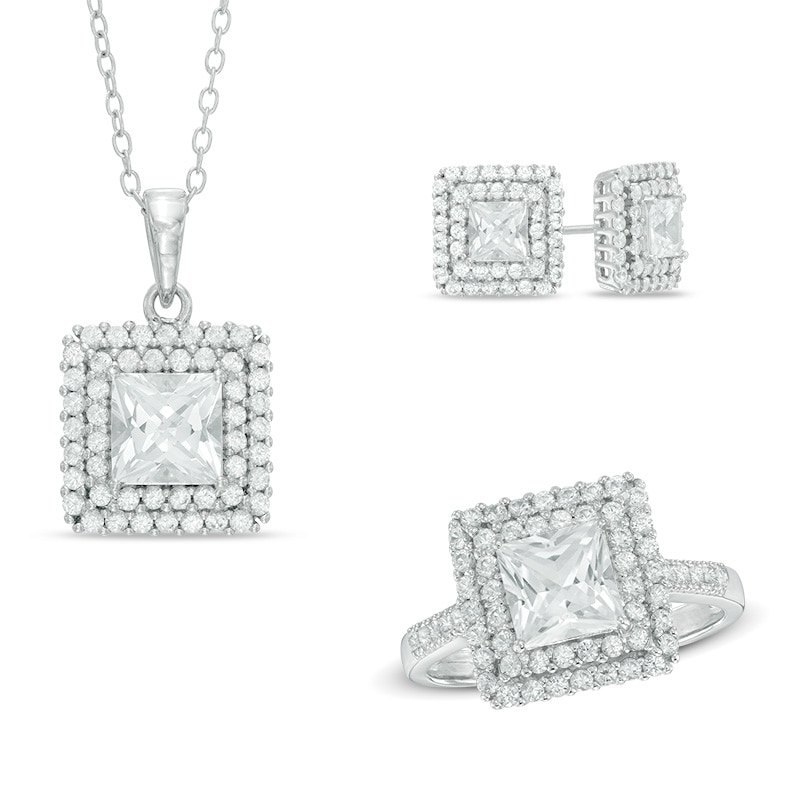 Princess-Cut Lab-Created White and Blue Sapphire Double Frame Pendant, Earrings and Ring Set in Sterling Silver