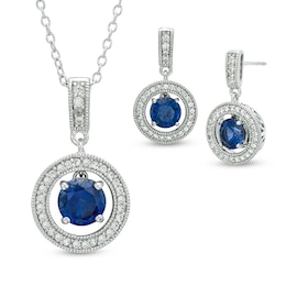 Lab-Created Blue and White Sapphire Frame Pendant and Earrings Set in Sterling Silver