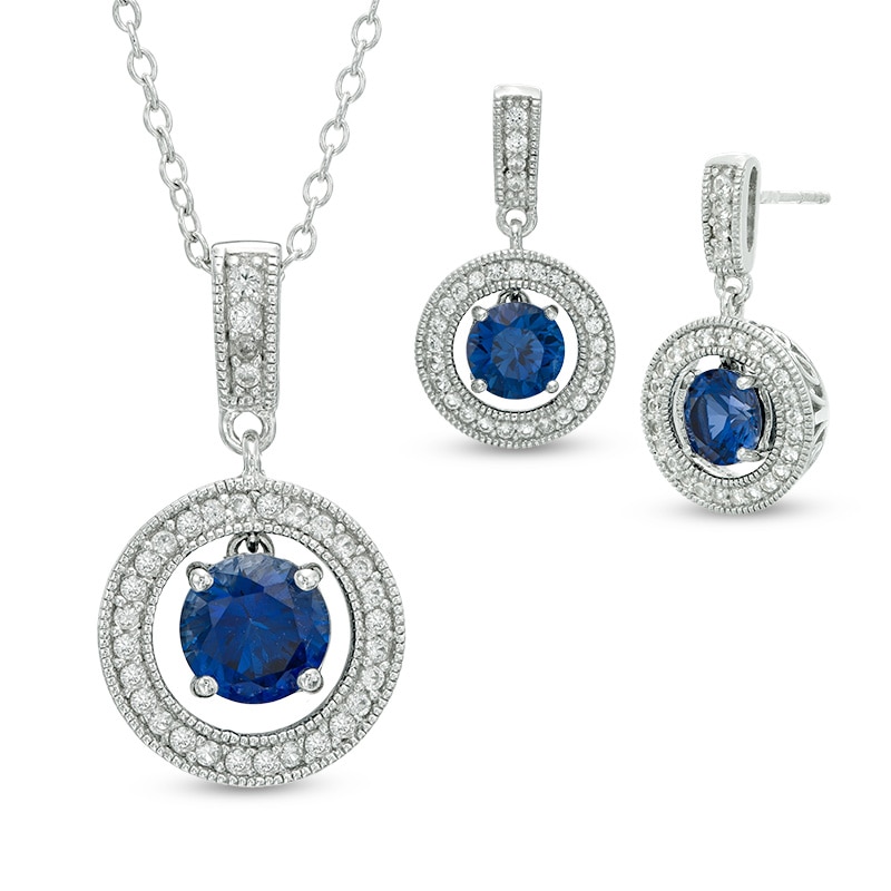 Main Image 1 of Lab-Created Blue and White Sapphire Frame Pendant and Earrings Set in Sterling Silver