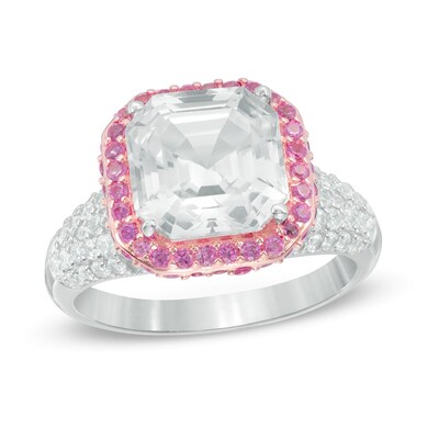Princess-Cut Lab-Created White and Pink Sapphire Frame Ring in Sterling Silver and 14K Rose Gold Plate