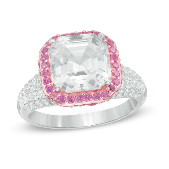 Princess-Cut Lab-Created White and Pink Sapphire Frame Ring in Sterling Silver and 14K Rose Gold Plate