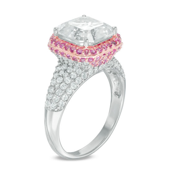Princess-Cut Lab-Created White and Pink Sapphire Frame Ring in Sterling Silver and 14K Rose Gold Plate