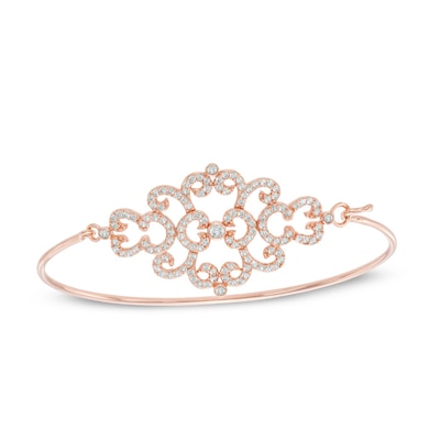 Lab-Created White Sapphire Damask Bangle in Sterling Silver with 18K Rose Gold Plate - 7.25"