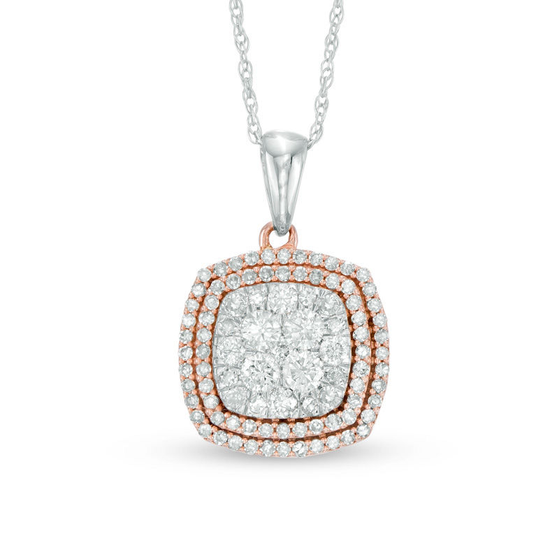 Main Image 1 of 0.50 CT. T.W. Composite Diamond Double Square Frame Pendant in 10K Two-Tone Gold