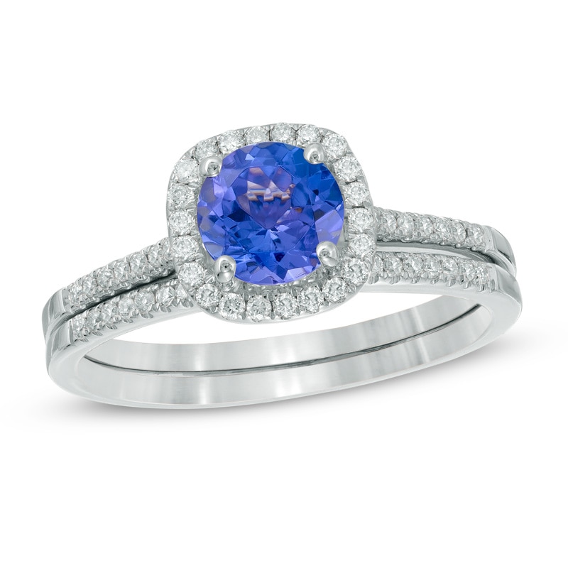 Main Image 1 of Your Stone Your Story™ 6.0mm Tanzanite and 0.24 CT. T.W. Diamond Cushion Frame Bridal Set in 14K White Gold