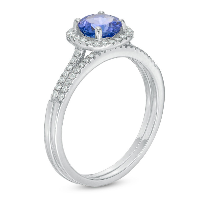 Your Stone Your Storyâ¢ 6.0mm Tanzanite and 0.24 CT. T.W. Diamond Cushion Frame Bridal Set in 14K White Gold