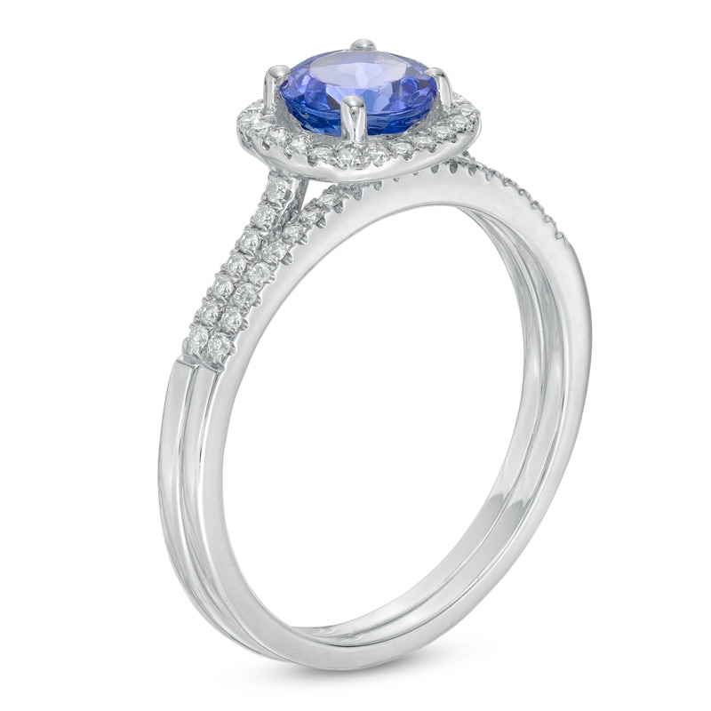 Your Stone Your Story™ 6.0mm Tanzanite and 0.24 CT. T.W. Diamond Cushion Frame Bridal Set in 14K White Gold