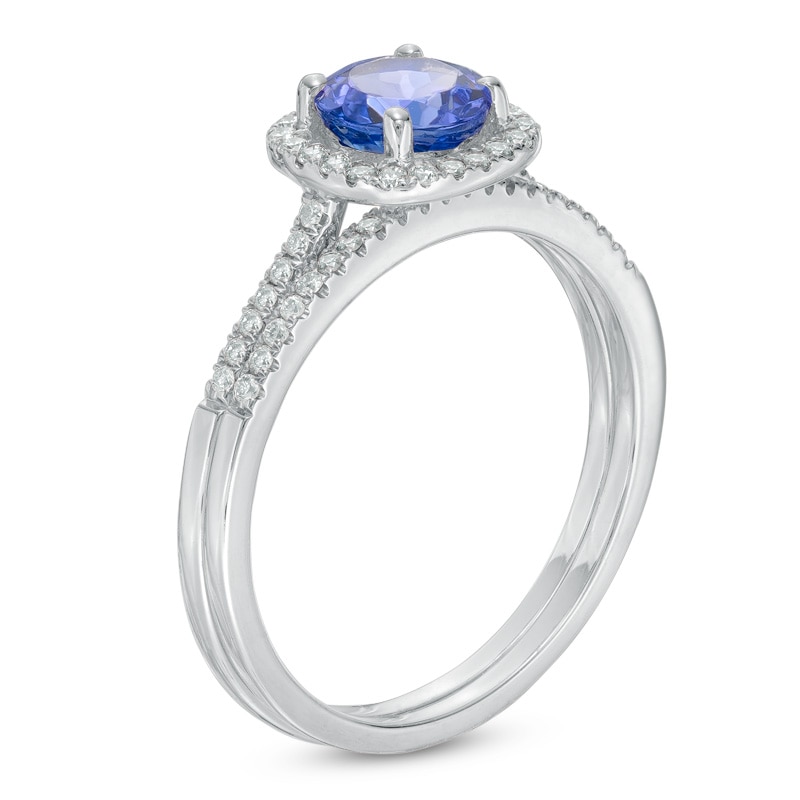Main Image 2 of Your Stone Your Story™ 6.0mm Tanzanite and 0.24 CT. T.W. Diamond Cushion Frame Bridal Set in 14K White Gold