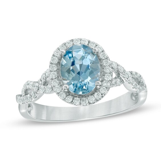 Oval Aquamarine and 0.30 CT. T.W. Diamond Frame Twist Engagement Ring ...