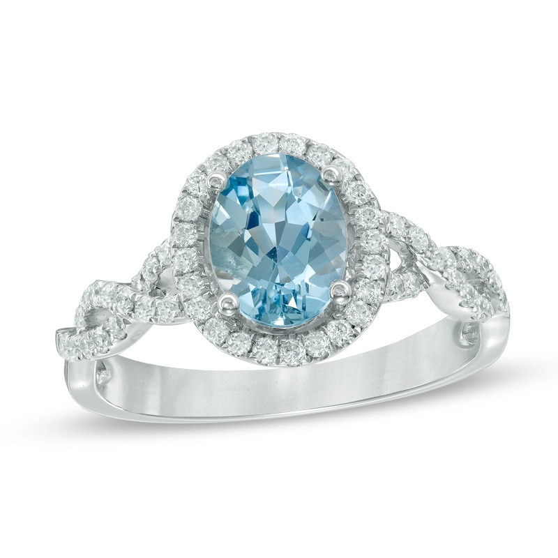 Oval Aquamarine and 0.30 CT. T.W. Diamond Frame Twist Engagement Ring in 14K White Gold