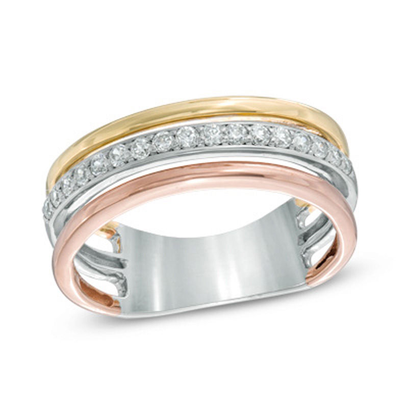 0.23 CT. T.W. Diamond Triple Row Split Shank Band in 10K Tri-Tone Gold|Peoples Jewellers