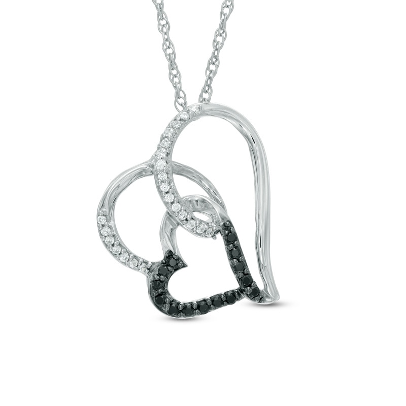 0.15 CT. T.W. Enhanced Black and White Diamond Tilted Looping Double Heart Pendant in Sterling Silver|Peoples Jewellers