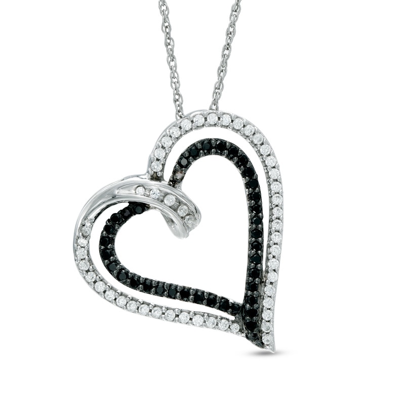 0.45 CT. T.W. Enhanced Black and White Diamond Tilted Double Heart Pendant in Sterling Silver|Peoples Jewellers