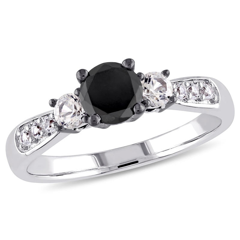 Main Image 1 of 0.75 CT. Black Diamond and Lab-Created White Sapphire Three Stone Engagement Ring in Sterling Silver