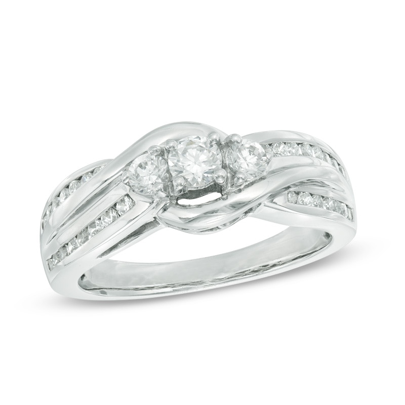 0.45 CT. T.W. Diamond Three Stone Bypass Ring in 10K White Gold