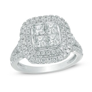 1.95 CT. T.W. Princess-Cut Quad Diamond Double Cushion Frame Engagement Ring in 14K White Gold