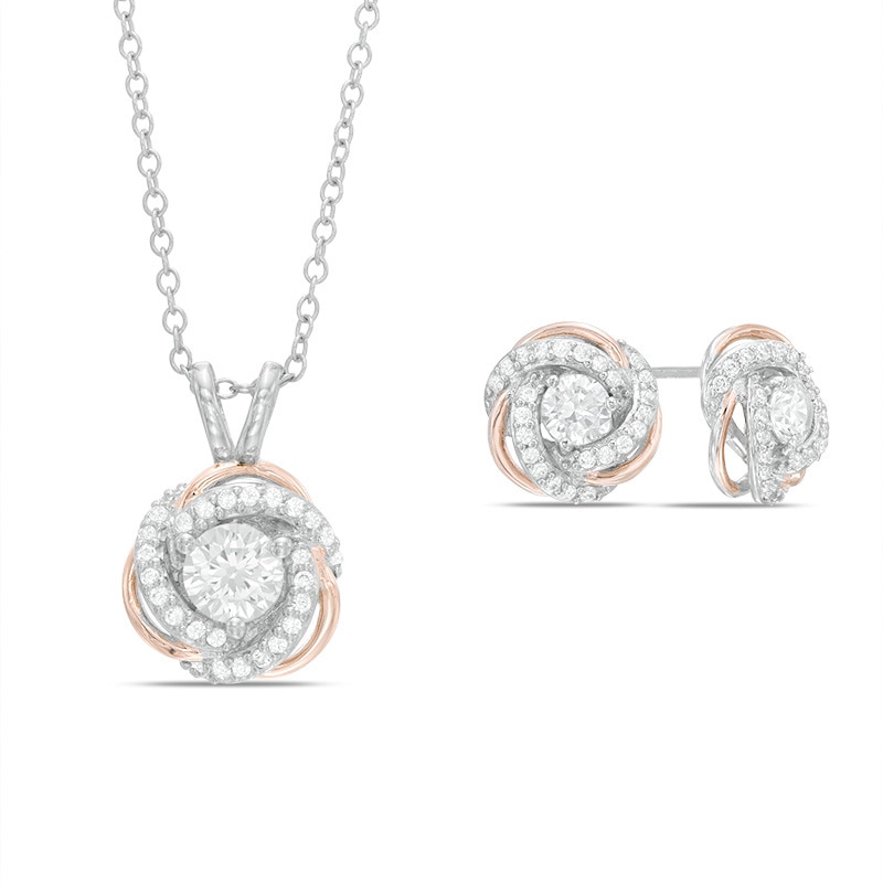 Main Image 1 of Lab-Created White Sapphire Love Knot Pendant and Earrings Set in Sterling Silver with 18K Rose Gold Plate