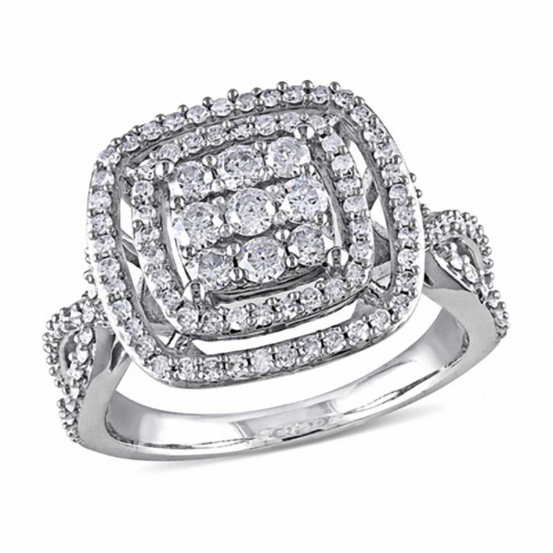 0.95 CT. T.W. Square Composite Diamond Double Frame Split Shank Engagement Ring in 10K White Gold|Peoples Jewellers