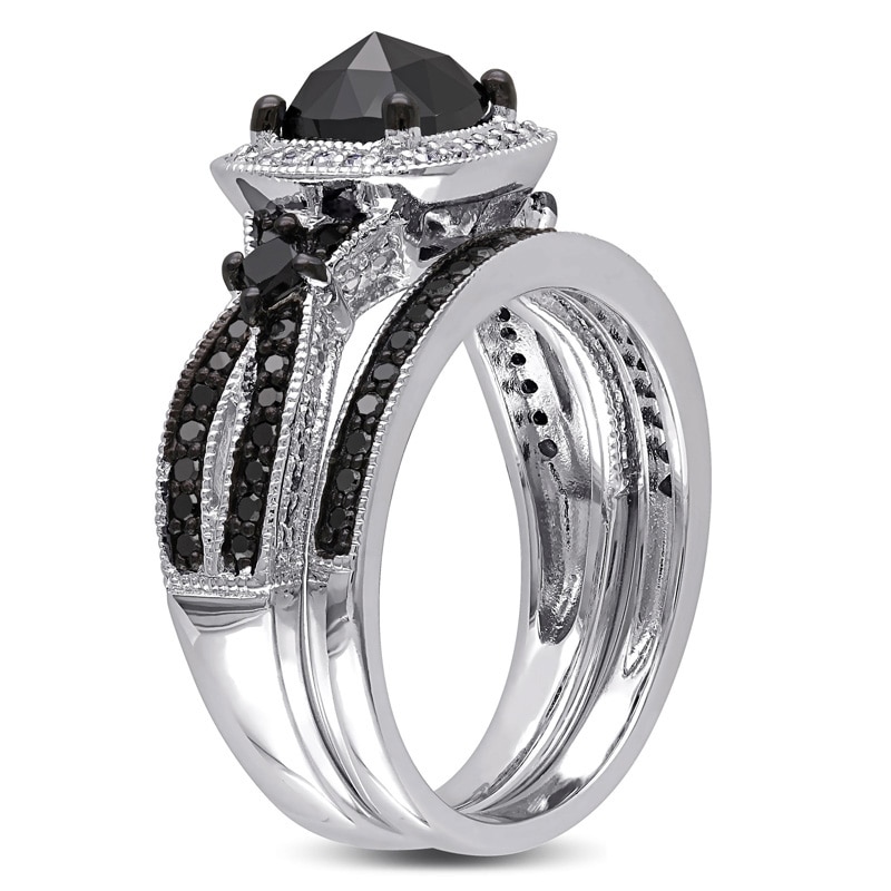 1.50 CT. T.W. Cushion-Cut Enhanced Black and White Diamond Square Frame Bridal Set in Sterling Silver