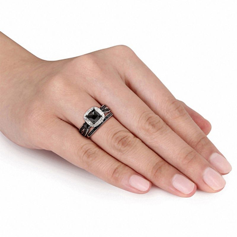 Main Image 3 of 1.50 CT. T.W. Cushion-Shaped Enhanced Black and White Diamond Square Frame Bridal Set in Sterling Silver
