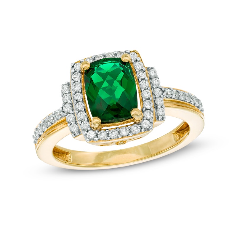 Cushion-Cut Lab-Created Emerald and White Sapphire Frame Ring in 10K Gold