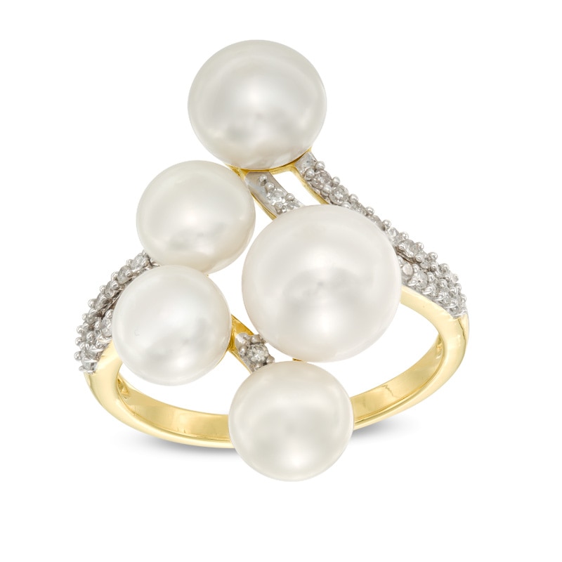 6.0 - 8.0mm Cultured Freshwater Pearl and 0.14 CT. T.W. Diamond Cluster Ring in 10K Gold