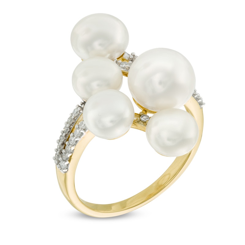 6.0 - 8.0mm Cultured Freshwater Pearl and 0.14 CT. T.W. Diamond Cluster Ring in 10K Gold