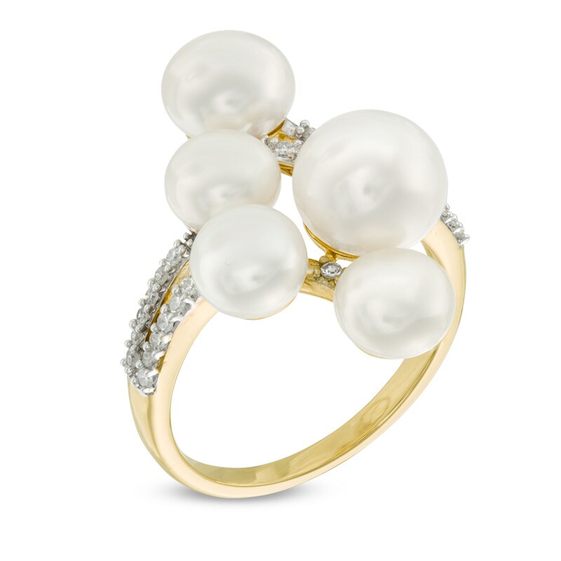 Main Image 2 of 6.0-8.0mm Freshwater Cultured Pearl and 0.14 CT. T.W. Diamond Cluster Ring in 10K Gold