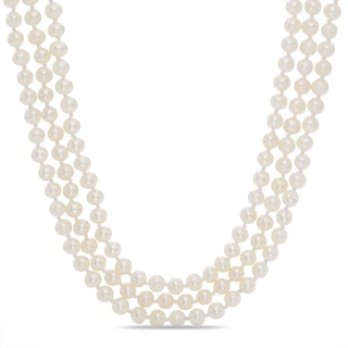 Freshwater Cultured Pearl and Cushion-Cut White Quartz Doublet Triple Strand Necklace with Sterling Silver Clasp