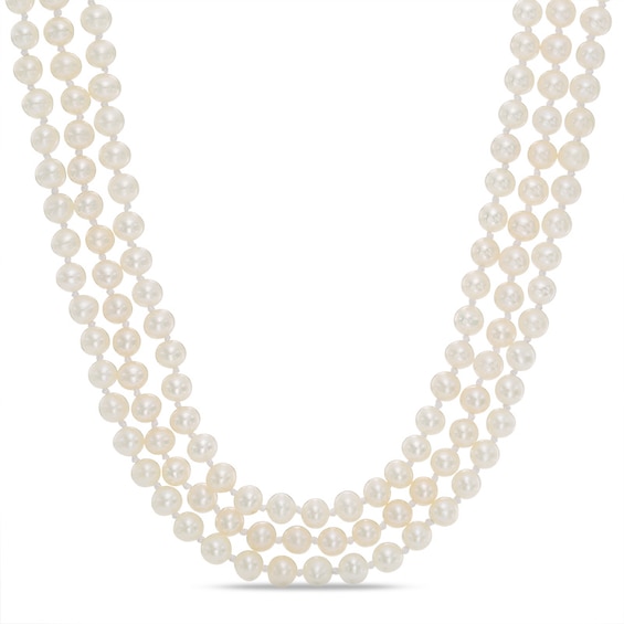 Freshwater Cultured Pearl and Cushion-Cut White Quartz Doublet Triple Strand Necklace with Sterling Silver Clasp