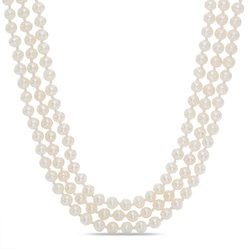 Cultured Freshwater Pearl and Cushion-Cut White Quartz Doublet Triple Strand Necklace with Sterling Silver Clasp|Peoples Jewellers