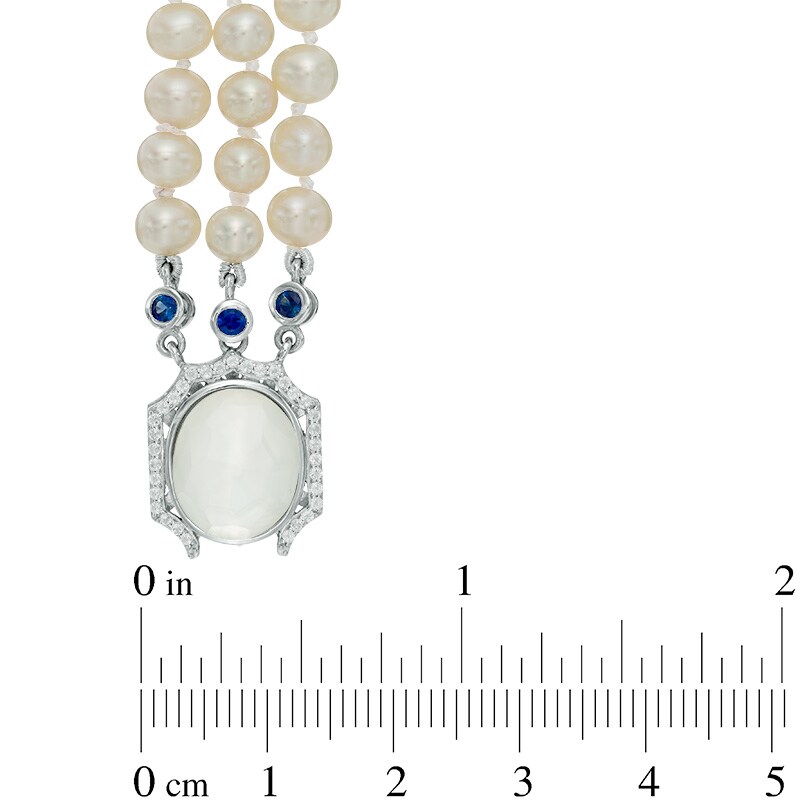 Main Image 2 of Freshwater Cultured Pearl and Cushion-Cut White Quartz Doublet Triple Strand Necklace with Sterling Silver Clasp