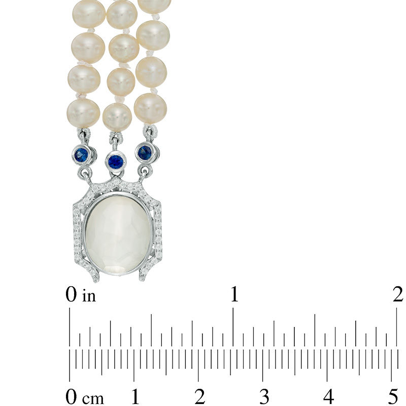 Freshwater Cultured Pearl and Cushion-Cut White Quartz Triple Strand Bracelet with Sterling Silver Clasp-7.25"