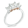 Thumbnail Image 1 of Princess-Cut Lab-Created White Sapphire Three Stone Ring in Sterling Silver and 10K Rose Gold