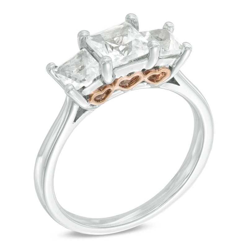 Princess-Cut Lab-Created White Sapphire Three Stone Ring in Sterling Silver and 10K Rose Gold