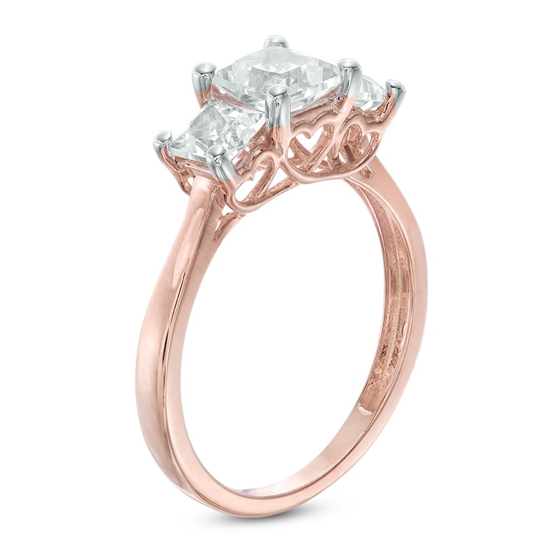 Main Image 2 of 5.2mm Princess-Cut Lab-Created White Sapphire Three Stone Ring in 10K Rose Gold