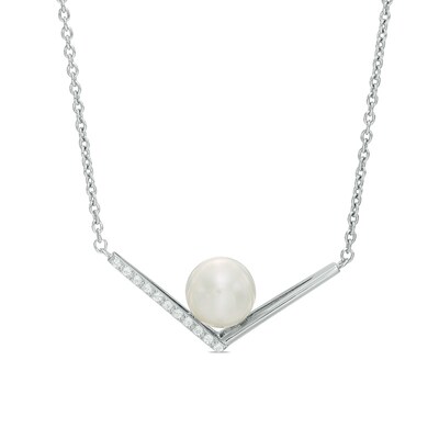 7.0-8.0mm Freshwater Cultured Pearl and White Topaz Chevron Necklace in Sterling Silver