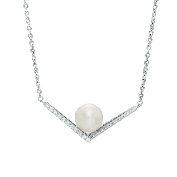 7.0-8.0mm Freshwater Cultured Pearl and White Topaz Chevron Necklace in Sterling Silver