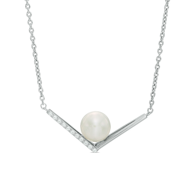 7.0 - 8.0mm Cultured Freshwater Pearl and White Topaz Chevron Necklace in Sterling Silver