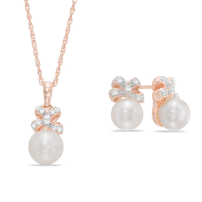 Cultured Freshwater Pearl Bow Pendant and Earrings Set in Sterling Silver with 14K Rose Gold Plate|Peoples Jewellers