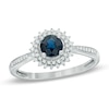 Thumbnail Image 1 of 5.0mm Blue Sapphire and 0.15 CT. T.W. Diamond Sunburst Frame Ring in 10K White Gold