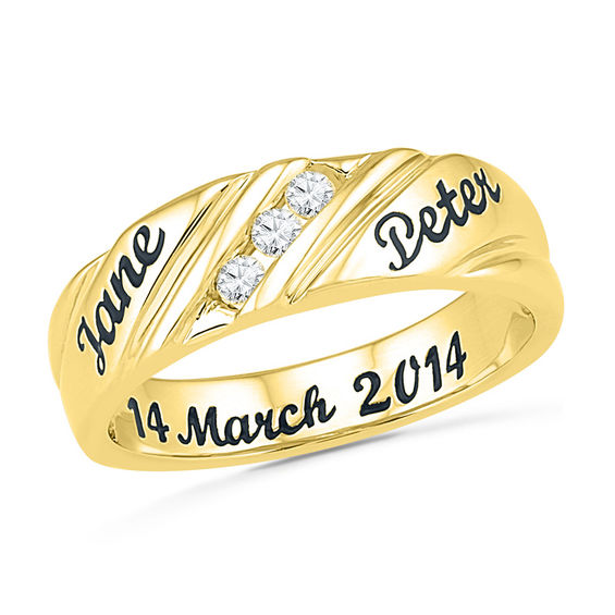 Men s 1 6 CT. T.W. Diamond Three Stone Slant Engraved Wedding Band in 10K Gold 2 Names and Date Peoples Jewellers