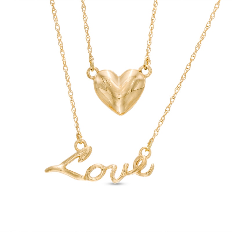 Heart and "Love" Double Strand Necklace in 10K Gold