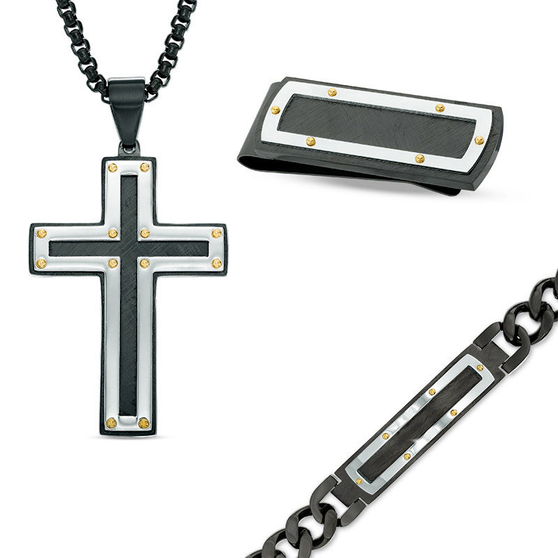 Men's Riveted Cross Pendant, ID Bracelet and Money Clip Set in Tri-Tone Stainless Steel - 24"