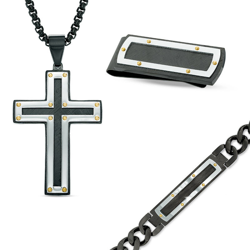 Main Image 1 of Men's Riveted Cross Pendant, ID Bracelet and Money Clip Set in Tri-Tone Stainless Steel - 24&quot;
