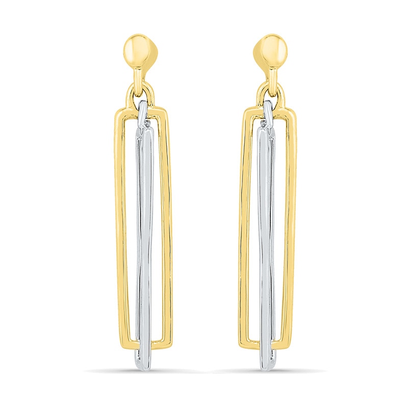 Double Rectangle Drop Earrings in 10K Two-Tone Gold