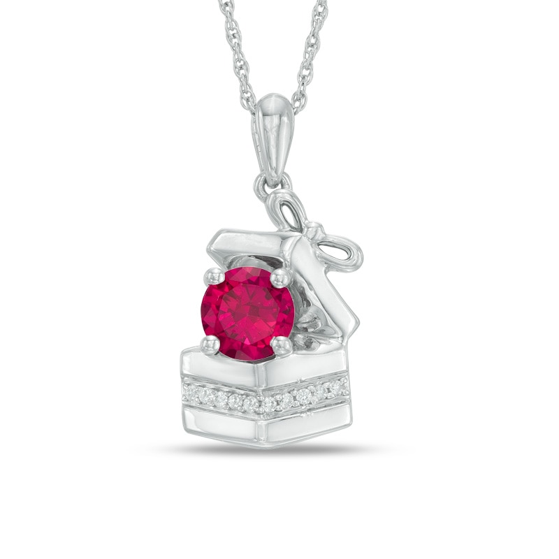6.0mm Lab-Created Ruby and Diamond Accent Gift Box Pendant in Sterling Silver