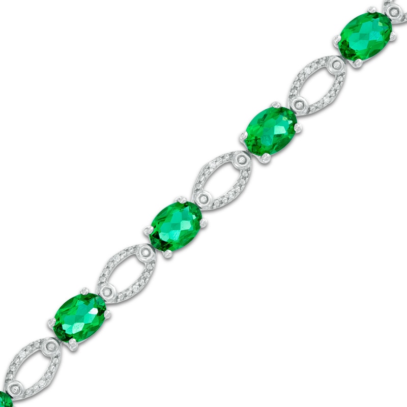 Oval Lab-Created Emerald and Diamond Accent Bracelet in Sterling Silver - 7.5"|Peoples Jewellers