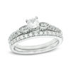 Thumbnail Image 1 of 4.0mm Lab-Created White Sapphire and 0.18 CT. T.W. Diamond Bridal Set in 10K White Gold